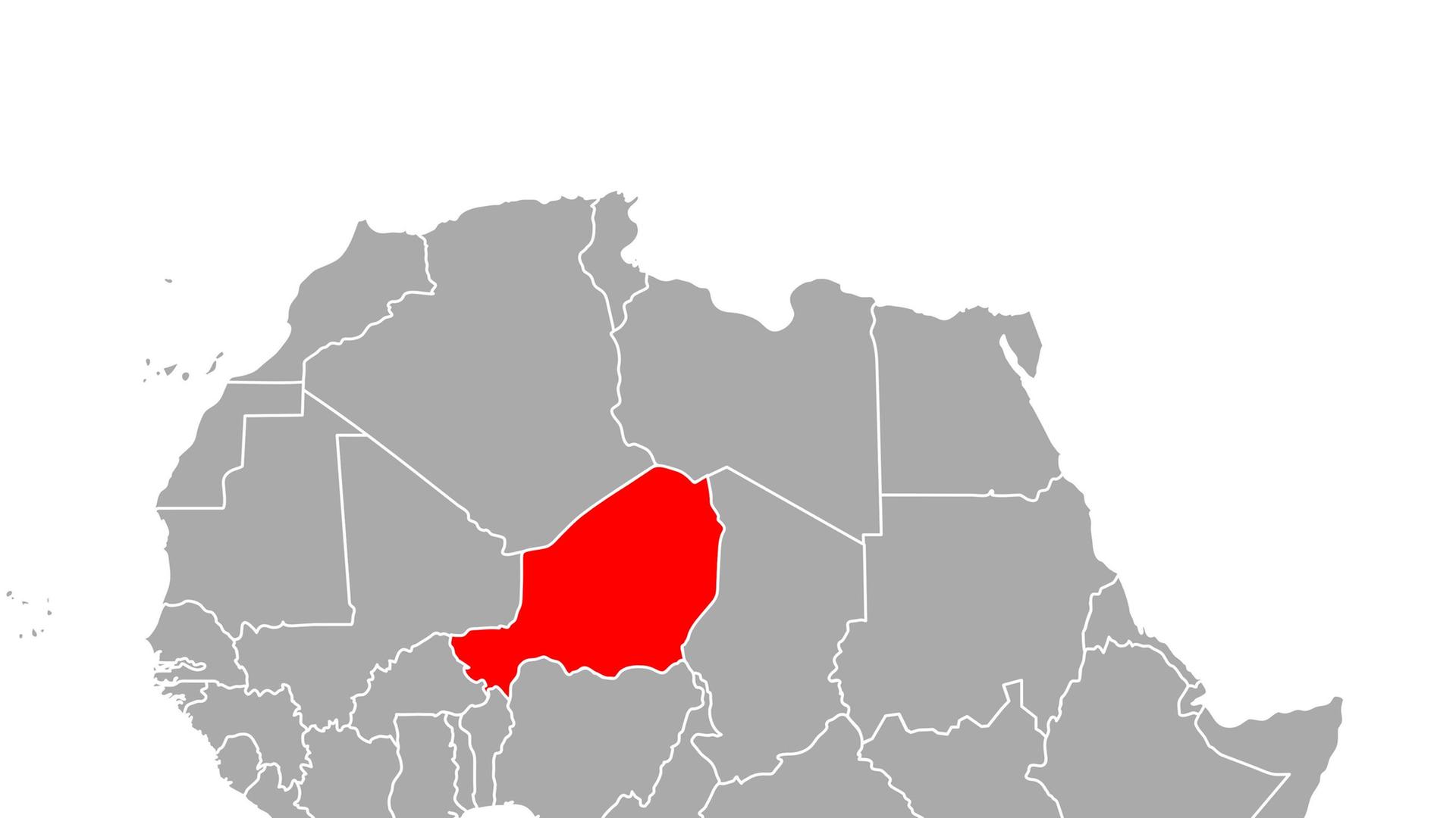 Karte von Niger in Afrika. Niger ist sehr zentral auf dem nördlichen Teil Afrikas gelegen und auf der Karte rot markiert. Karte von Niger in Afrika. Niger ist sehr zentral auf dem nördlichen Teil Afrikas gelegen und auf der Karte rot markiert.