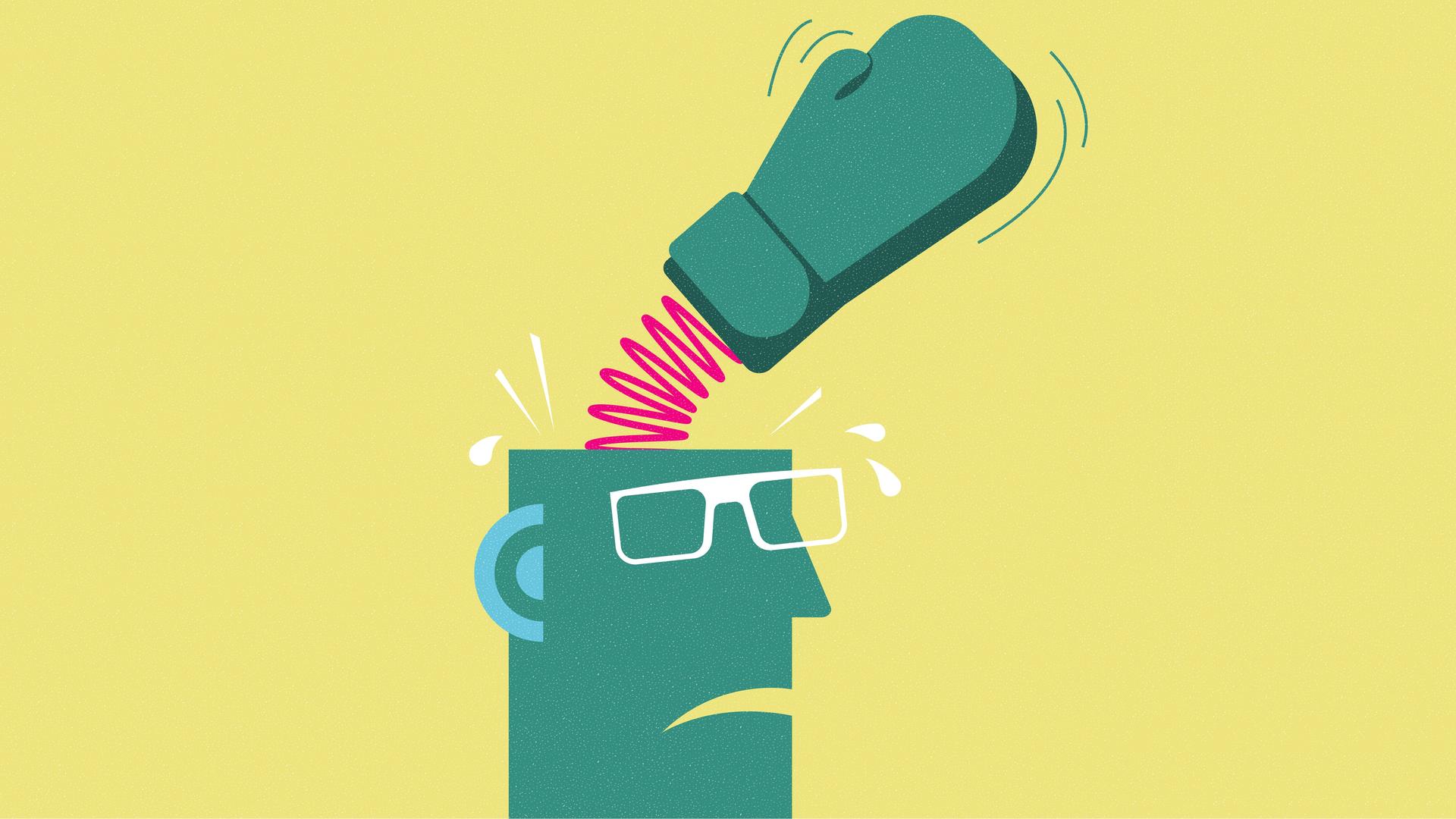 Illustration eines grünen Gesichts mit Brille vor gelbem Hintergrund. Aus dem Kopf springt ein Boxhandschuh an einer Feder, der die gleiche Farbe hat, wie das Gesicht. Illustration eines grünen Gesichts mit Brille vor gelbem Hintergrund. Aus dem Kopf springt ein Boxhandschuh an einer Feder, der die gleiche Farbe hat, wie das Gesicht.