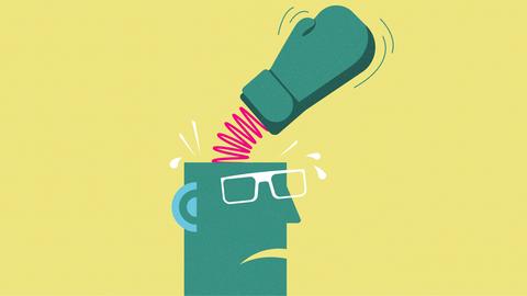 Illustration eines grünen Gesichts mit Brille vor gelbem Hintergrund. Aus dem Kopf springt ein Boxhandschuh an einer Feder, der die gleiche Farbe hat, wie das Gesicht.