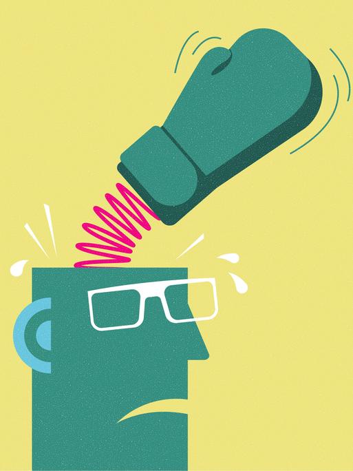 Illustration eines grünen Gesichts mit Brille vor gelbem Hintergrund. Aus dem Kopf springt ein Boxhandschuh an einer Feder, der die gleiche Farbe hat, wie das Gesicht.