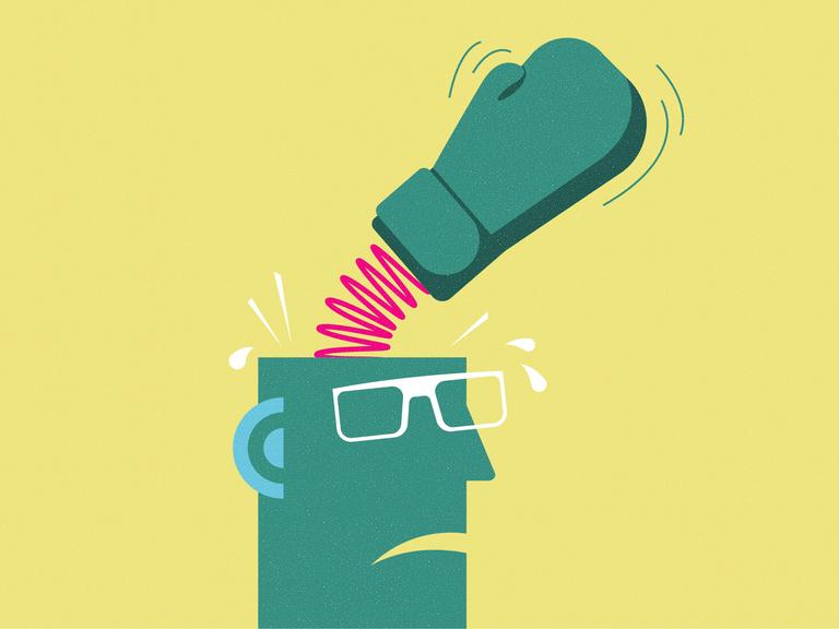 Illustration eines grünen Gesichts mit Brille vor gelbem Hintergrund. Aus dem Kopf springt ein Boxhandschuh an einer Feder, der die gleiche Farbe hat, wie das Gesicht.
