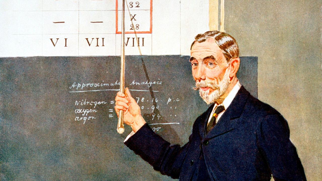 Der schottische Chemiker William Ramsay präsentiert 1898 seine Entdeckung des Edelgases Neon. Karikatur im Magazin "Vanity Fair" (1908)