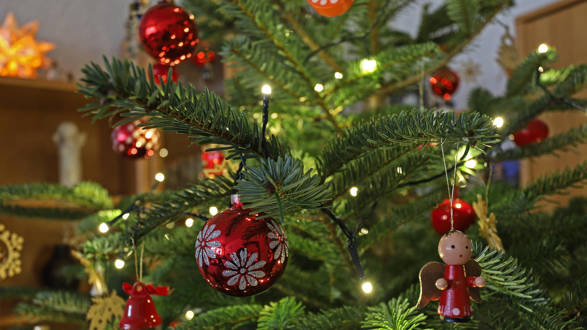 Ein geschmückter Tannenbaum in einem Wohnzimmer. 