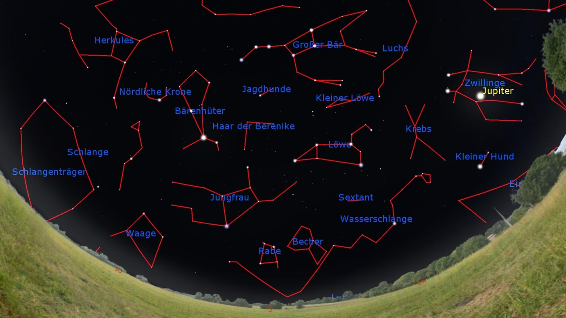 Der Himmelsanblick morgen gegen Mitternacht, am 15. April gegen 23 Uhr und zu Monatsende gegen 22 Uhr MESZ. Der Himmelsanblick morgen gegen Mitternacht, am 15. April gegen 23 Uhr und zu Monatsende gegen 22 Uhr MESZ.