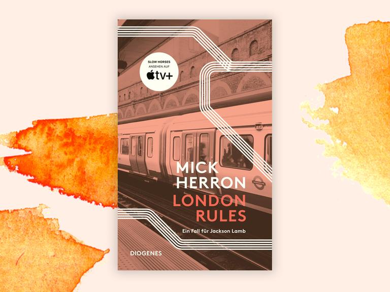 Das Cover des Krimis von Mick Herron, "London Rules", auf orange-weißem Grund. Auf dem Cover ist ein coloriertes Foto eines Zugs am Bahngleis zu sehen, zudem steht der Name des Autors und der Titel auf dem Buch. Ein grafisches Element zeigt dreimal fünf parallel zueinander verlaufende Röhren, die an manchen Stellen die Richtung ändern, an einer Stelle berühren sich zwei Röhrengebilde. Das Buch ist auf der Krimibestenliste von Deutschlandfunk Kultur.