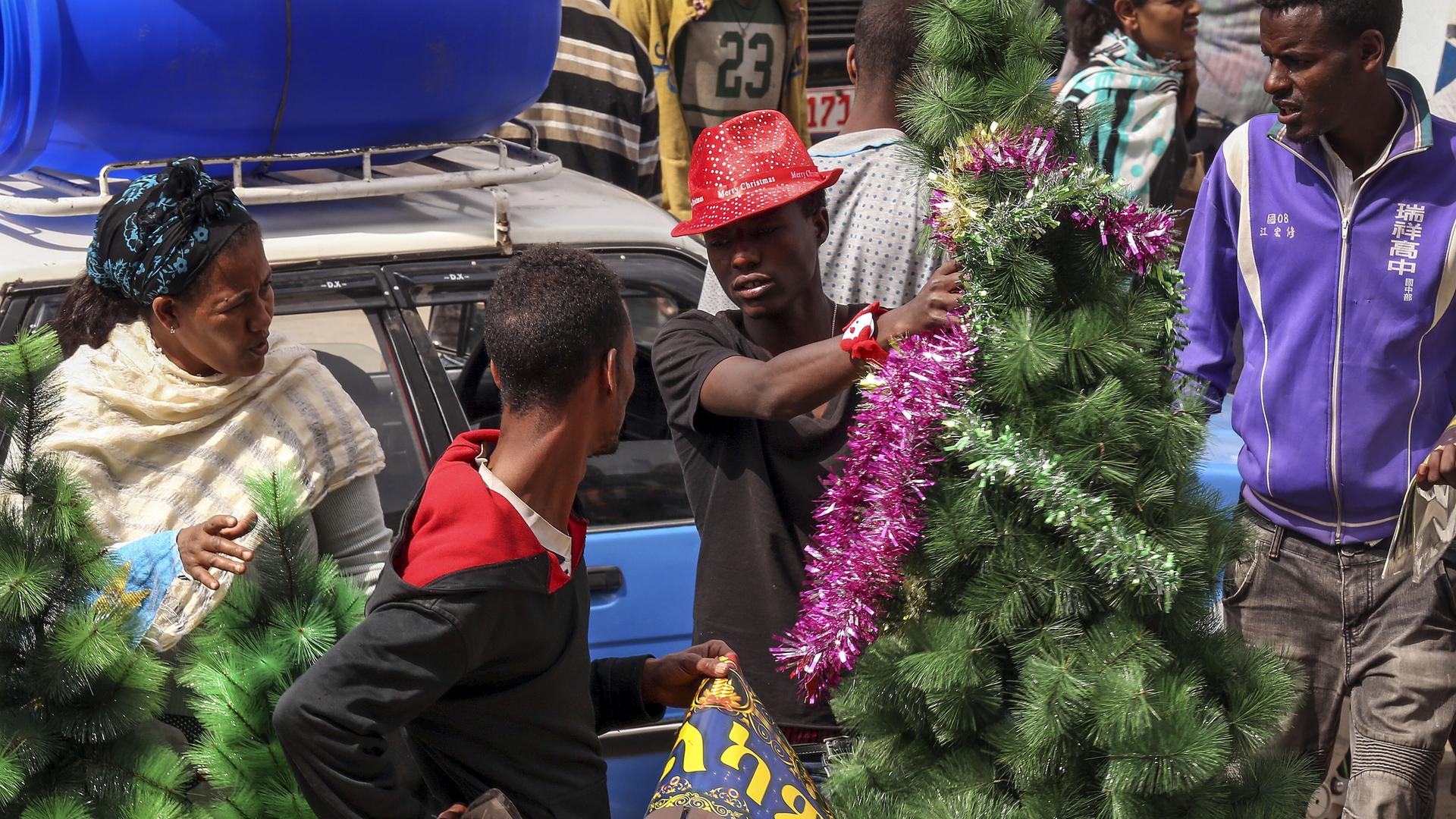 Menschen kaufen in Äthiopiens Hauptstadt Addis Abeba Weihnachtsbäume ein.