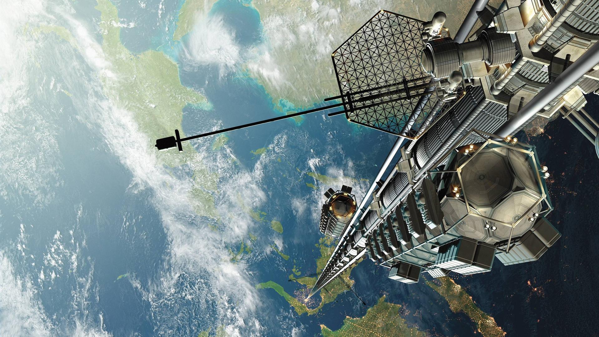 Künstlerische Darstellung eines Aufzugs in den Weltraum 