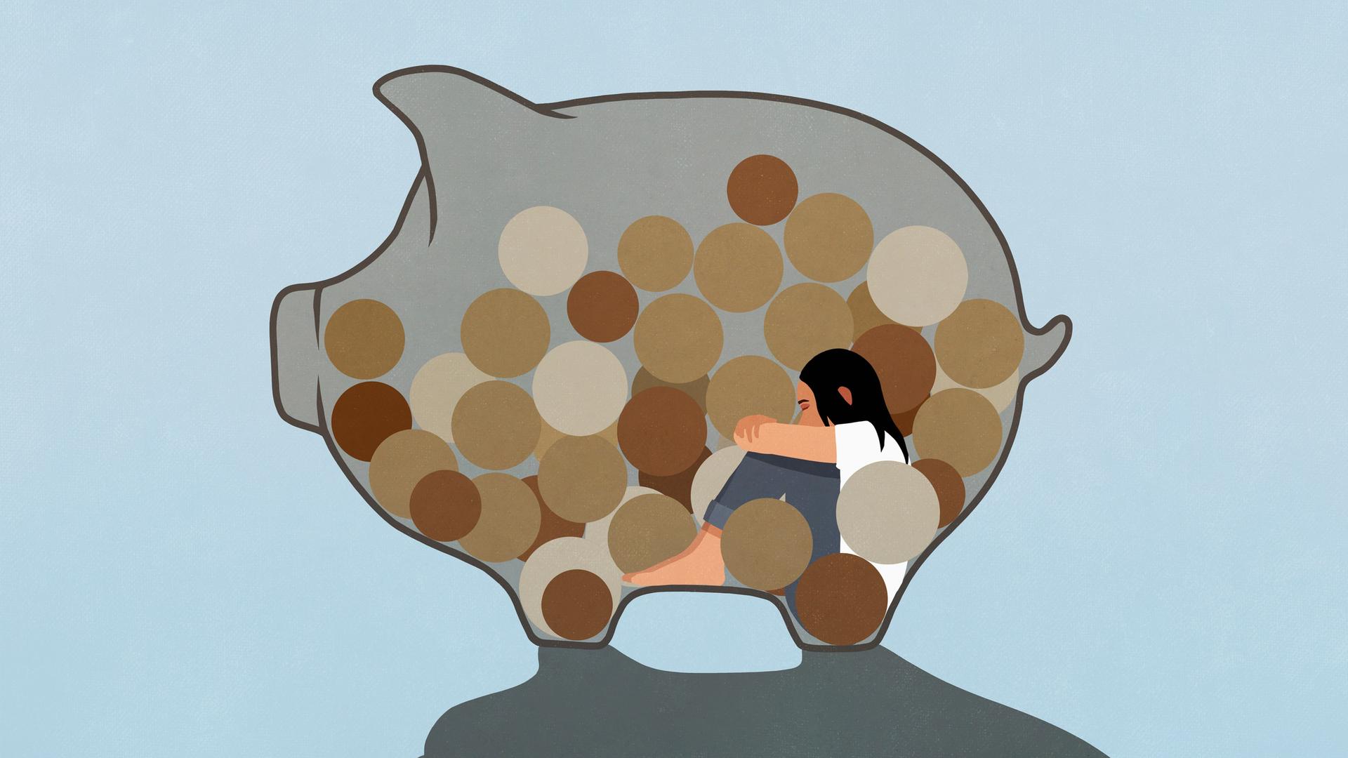 Illustration: Ein Frau sitzt zwischen lauter Münzen mit gesenktem Haupt in einem Sparschwein.