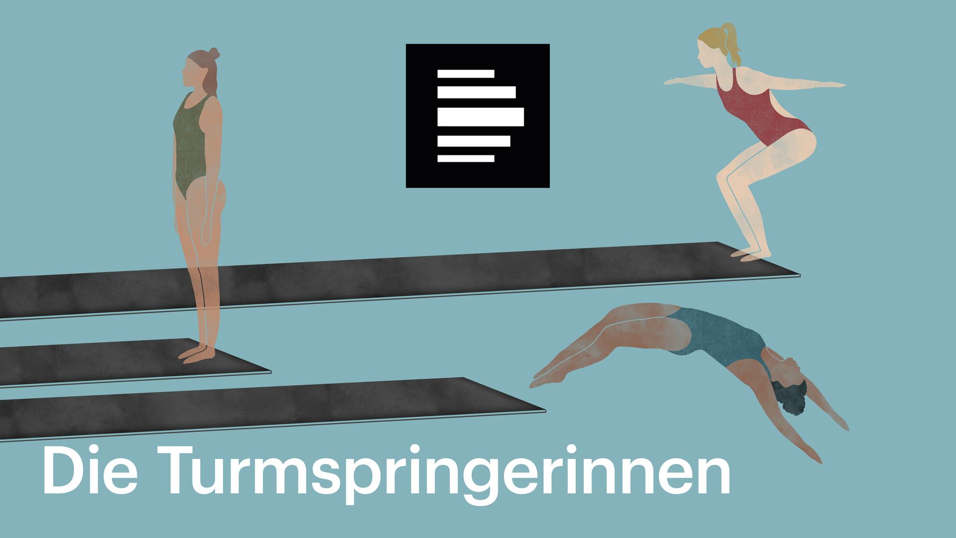 Die Turmspringerinnen: Die Zeichnung zum Podcast zeigt drei Turmspringerinnen auf Sprungbrettern. Eine bereitet sich auf den Sprung vor, eine ist kurz vor dem Absprung, die dritte ist schon in der Luft