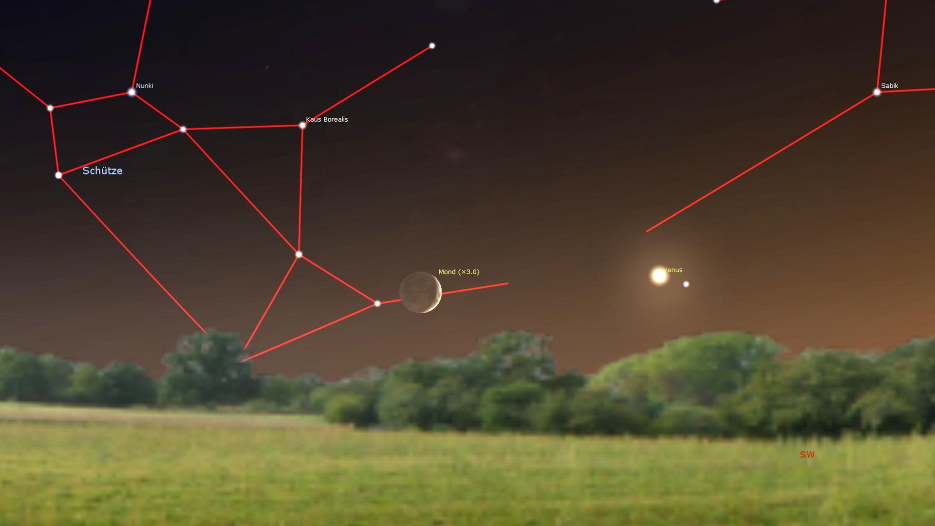 Nach Sonnenuntergang knapp über dem Südwesthorizont: die Venus und die Mondsichel. Die Parker Solar Probe befindet sich in der Nähe der Venus, ist aber nicht zu sehen. 