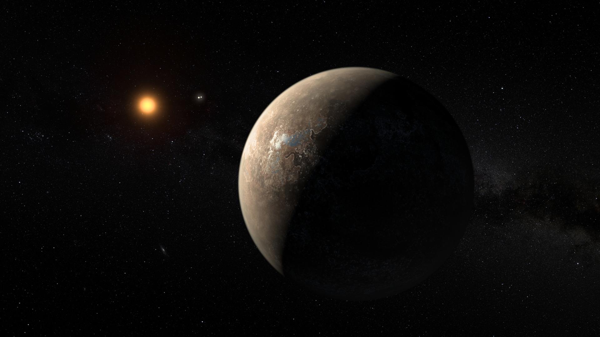 EIne Illustration zeigt einen Planeten beim Stern Proxima Centauri. 