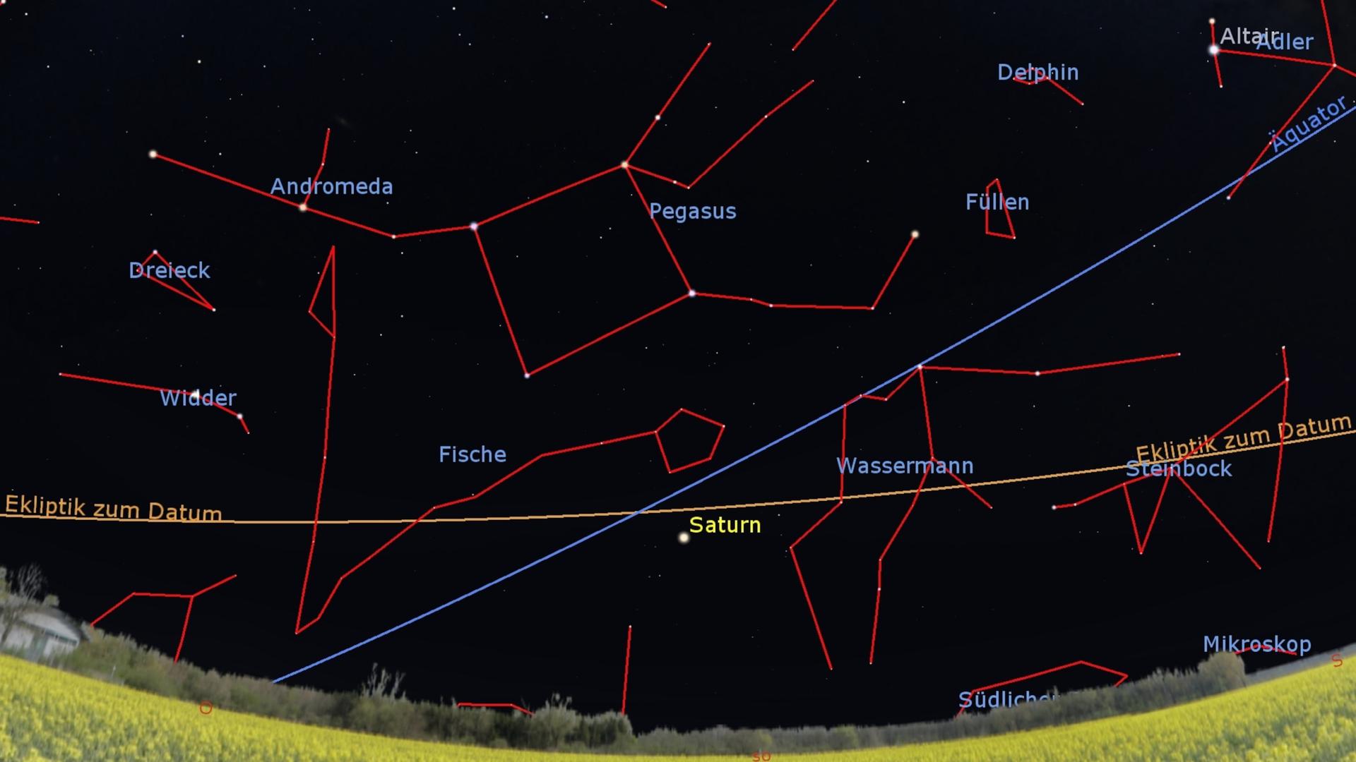 Eine Sternkarte zeigt neben vielen Fixsternen den Himmelsäquator und die Ekliptik unserer Sonne. Der Planet Saturn steht neben dem sogenannten Frühlingspunkt, an dem sich Himmelsäquator und Ekliptik schneiden. Eine Sternkarte zeigt neben vielen Fixsternen den Himmelsäquator und die Ekliptik unserer Sonne. Der Planet Saturn steht neben dem sogenannten Frühlingspunkt, an dem sich Himmelsäquator und Ekliptik schneiden.