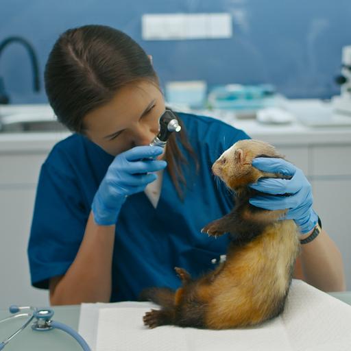 In speziellen Kliniken gibt es auch beste Versorgung für Wildtiere, hier sehen wir eine Tierärztin, die ein Frettchen untersucht.