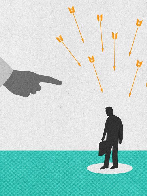 Eine Illustration: Auf der linken Bildhälfte sind übergroße Beine und Business-Schuhe zu sehen. Von oben deutet der Zeigefinger der riesigen Person übermächtig auf einen kleinen Mann. Auf letzteren prasseln zudem acht gelbe Pfeile ein. 