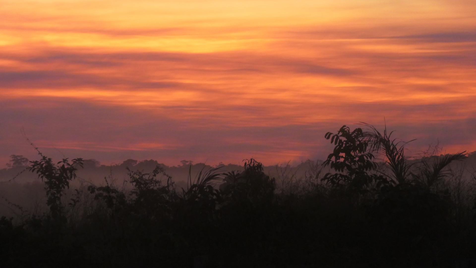 Orange-gelb-roter Himmel über einer schwarzen Landschaft. Orange-gelb-roter Himmel über einer schwarzen Landschaft.