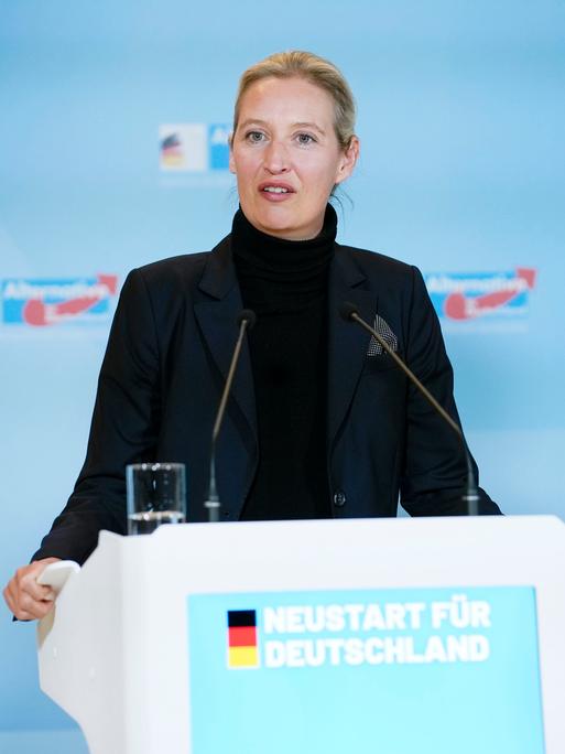 Alice Weidel steht bei einem Pressestatement im Reichstagsgebäude an einem Rednerpult vor hellblauem Hintergrund mit dem Logo der AfD.