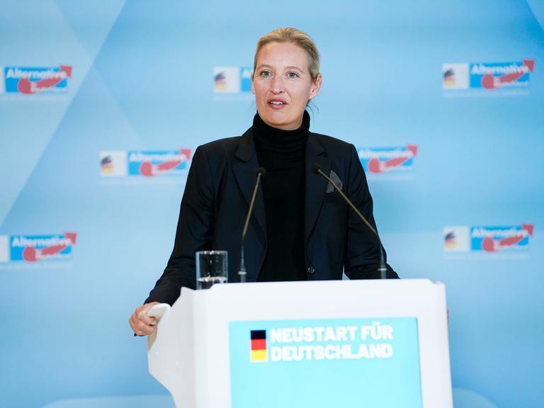 Alice Weidel steht bei einem Pressestatement im Reichstagsgebäude an einem Rednerpult vor hellblauem Hintergrund mit dem Logo der AfD.