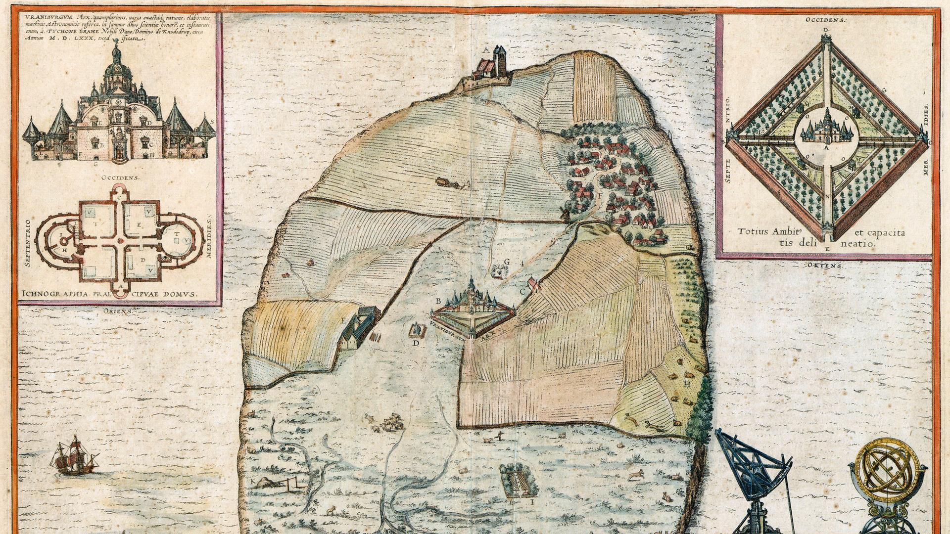 Eine zeitgenössische alte Karte zeigt die Insel Ven und die Lage und verscheidene Darstellungen des Observatoriums Uraniborg, das der Astronom Tycho Brahe bauen ließ. Eine zeitgenössische alte Karte zeigt die Insel Ven und die Lage und verscheidene Darstellungen des Observatoriums Uraniborg, das der Astronom Tycho Brahe bauen ließ.