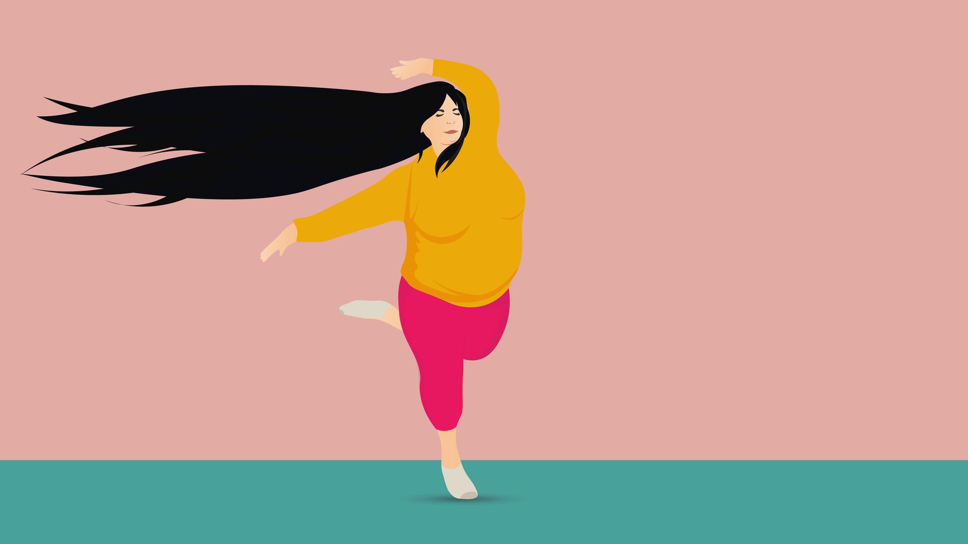 Illustration: Plus Size Frau mit langen Haaren tanzt.