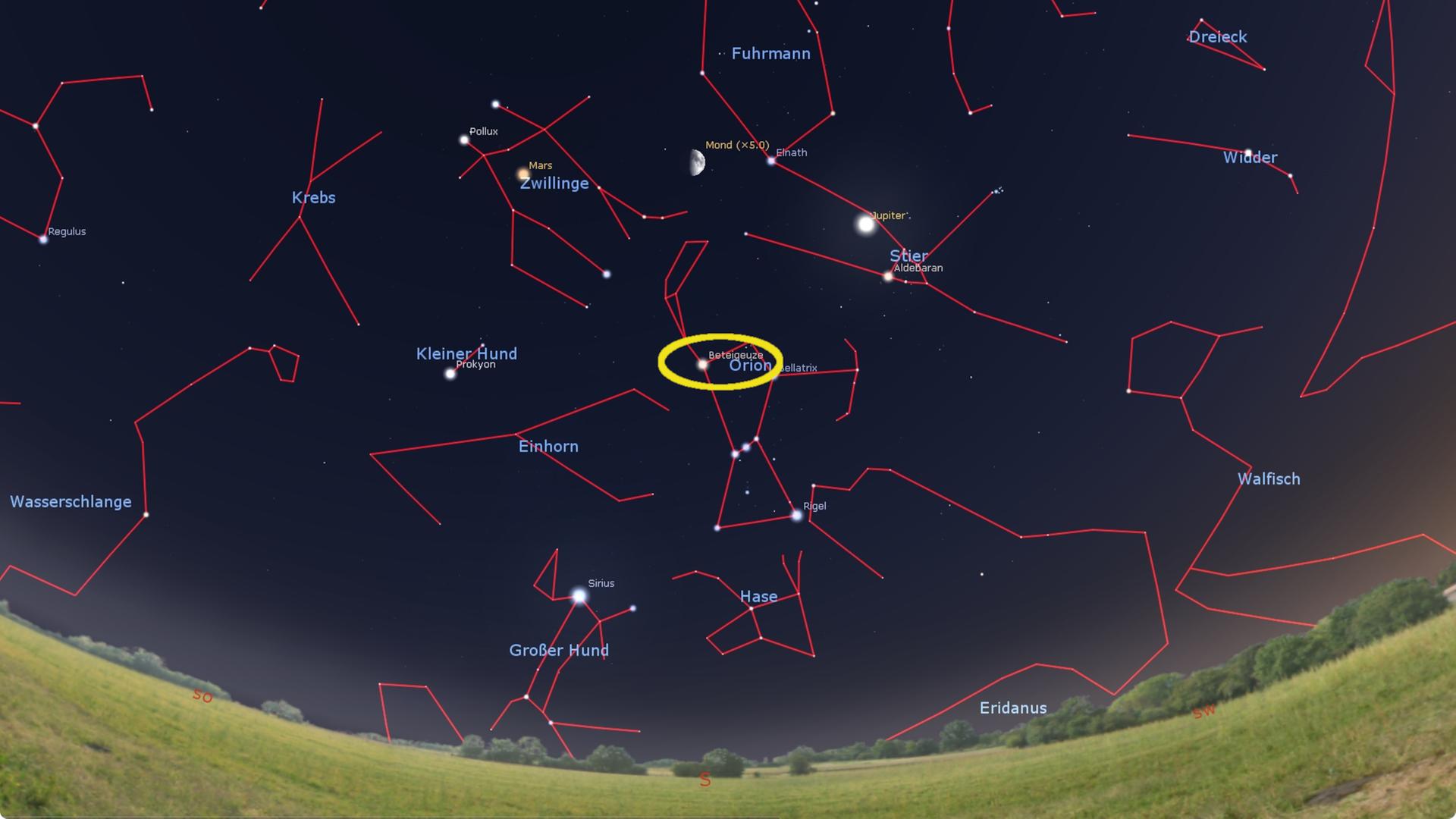 Ein Screenshot aus der Astro-App "Stellarium" zeigt den Nachthimmel und dort die Position von Beteigeuze in der Schulter des Sternbilds "Orion"