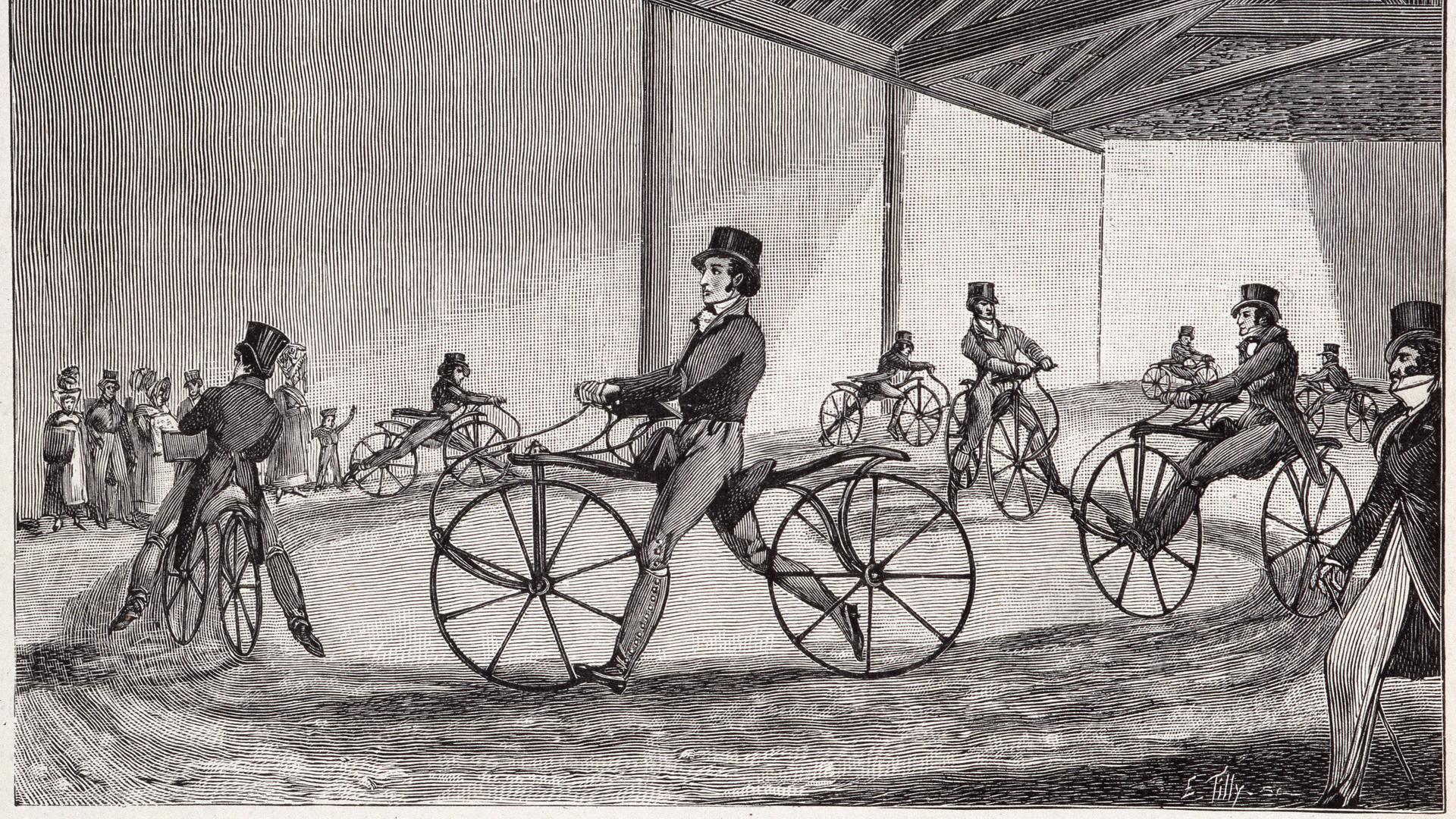Zeichnung von der Vorführung eines Fahrrads in London Anfang des 20. Jahrhunderts. Zeichnung von der Vorführung eines Fahrrads in London Anfang des 20. Jahrhunderts.