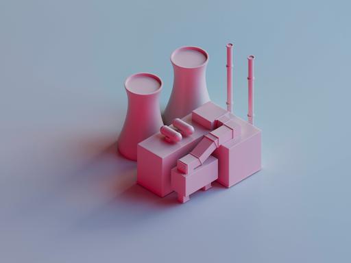 Pinkfarbiges 3D-Rendering eines Kernkraftwerksmodells vor blaugrauem Hintergrund.