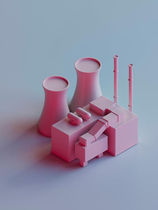 Pinkfarbiges 3D-Rendering eines Kernkraftwerksmodells vor blaugrauem Hintergrund.