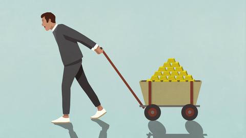 Illustration eines Mannes, der einen Wagen voller Goldbarren hinter sich her zieht