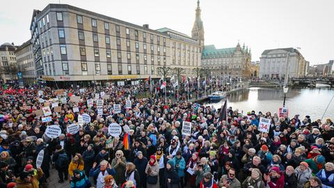 Blick von schräg oben auf eine große Menge an Demonstranten an der Binnenalster.