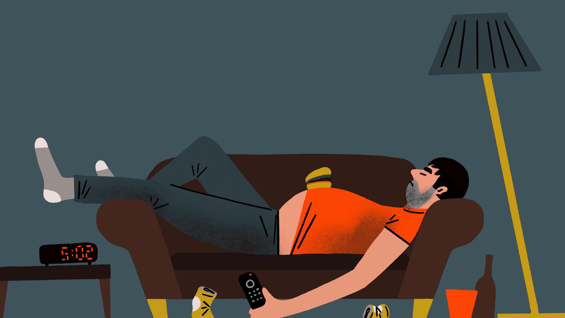 Illustration: Ein Mann liegt mit einem Hamburger auf seinem dicken Bauch auf der Couch 