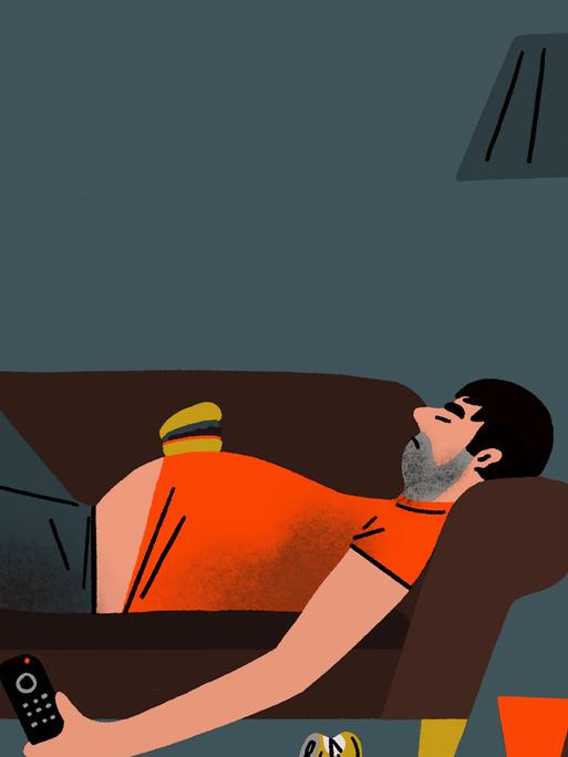 Illustration: Ein Mann liegt mit einem Hamburger auf seinem dicken Bauch auf der Couch Illustration: Ein Mann liegt mit einem Hamburger auf seinem dicken Bauch auf der Couch