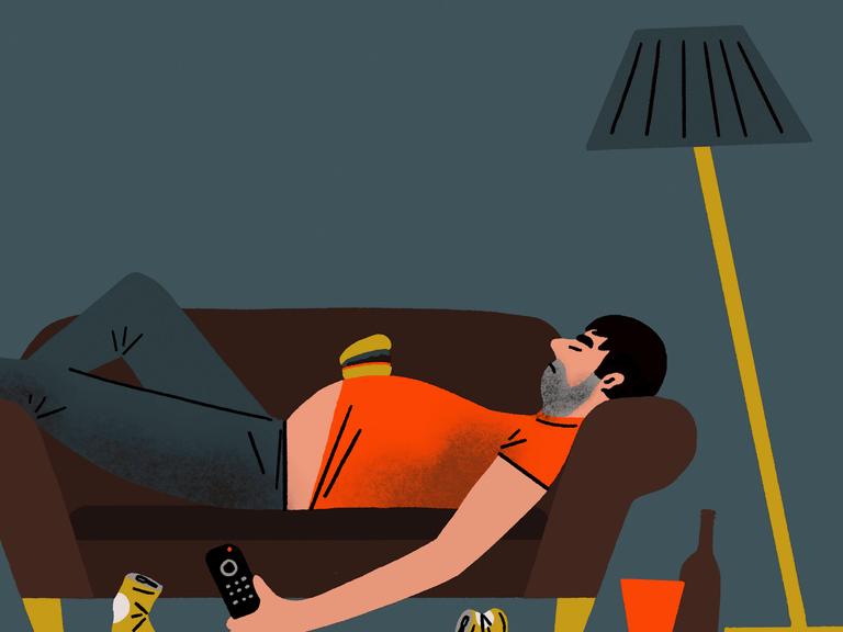 Illustration: Ein Mann liegt mit einem Hamburger auf seinem dicken Bauch auf der Couch 