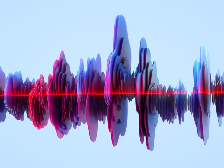 Digital generiertes Bild einer Audiowelle aus blauen kreisförmigen Formen, der mit einem roten Laser auf blauem Hintergrund gescannt wird.
