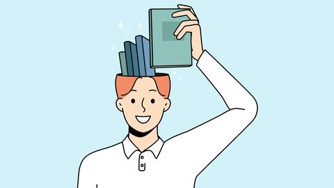 Illustration im naiven Stil einer Person, die sich diverse Bücher aus dem geöffneten Kopf holt