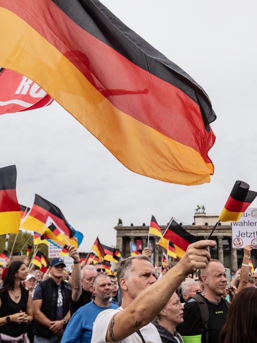 Anhänger der AfD (Alternative für Deutschland) schwenken am 3. Oktober 2023, dem Tag der Deutschen Einheit, Deutschlandfahnen vor dem Berliner Dom. 