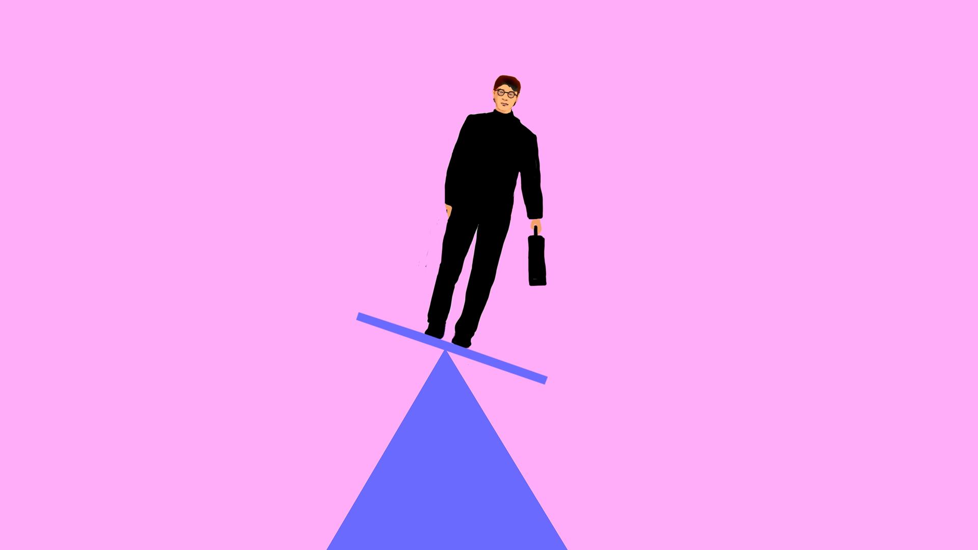 Illustration mit einem Mann mit Aktentasche, der auf einer imaginären Wippe steht