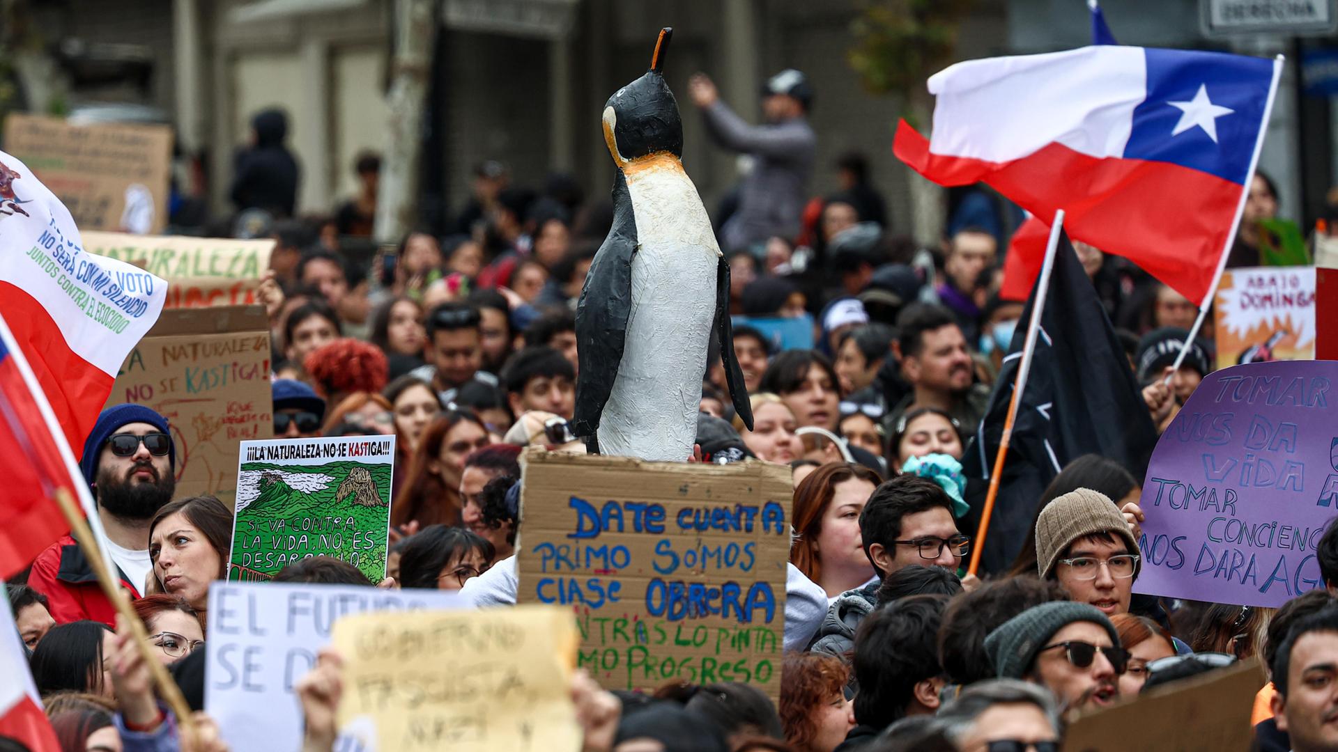 Eine große Gruppe Demonstranten hält Schilder und auch eine Pinguinfigur hoch.