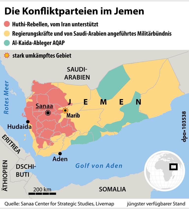Die Grafik zeigt die regionale Verteilung der Konfliktparteien im Jemen