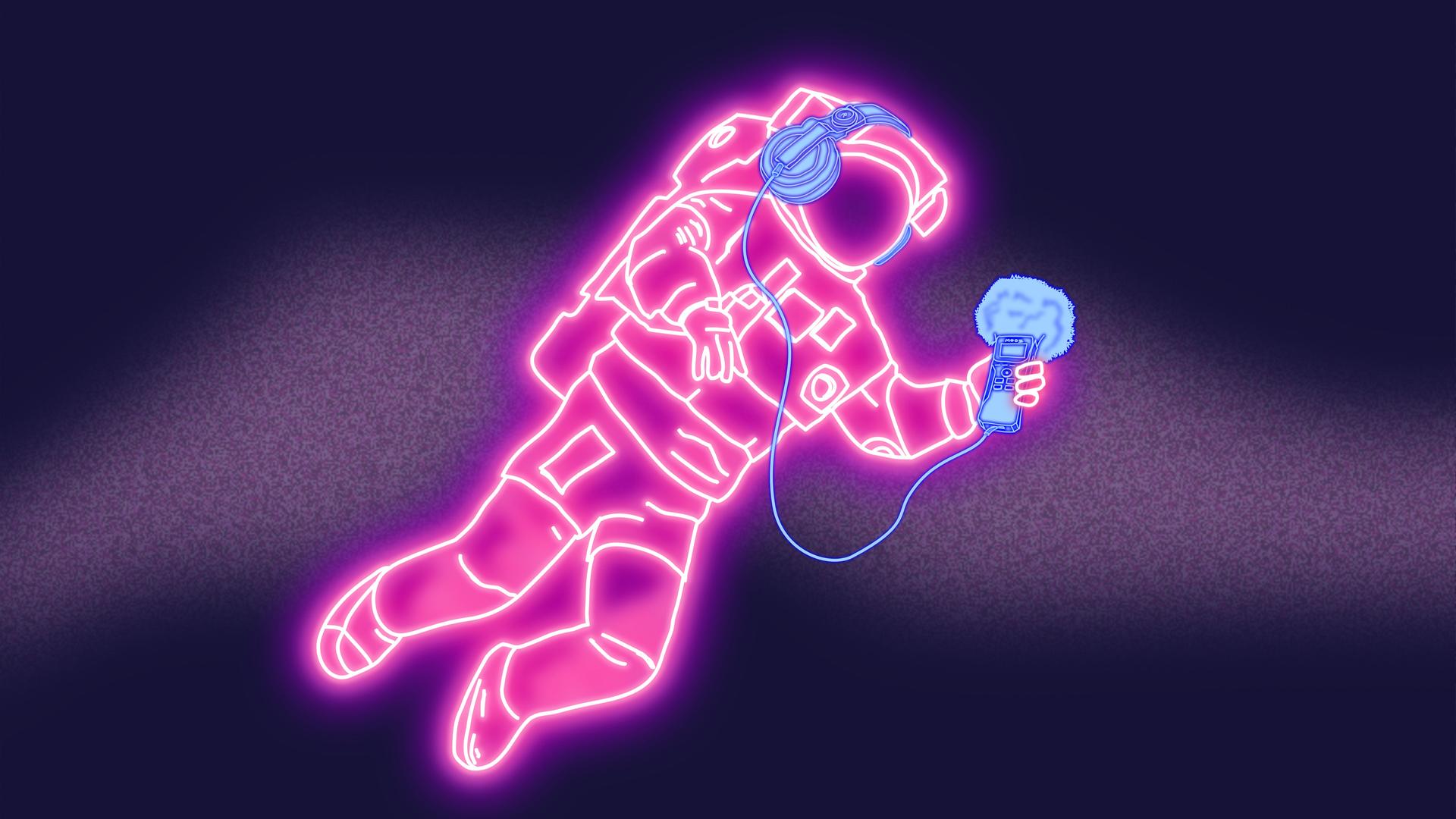 Stilisierte Grafik einer Astronautin mit Kopfhörern und Mikrofon, die im All schwebt. Im Hintergrund ein bunter Planet. Stilisierte Grafik einer Astronautin mit Kopfhörern und Mikrofon, die im All schwebt. Im Hintergrund ein bunter Planet.
