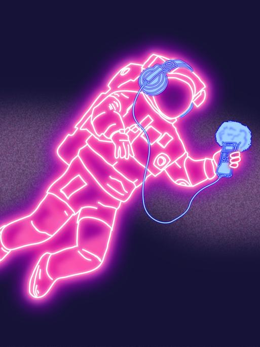 Stilisierte Grafik einer Astronautin mit Kopfhörern und Mikrofon, die im All schwebt. Im Hintergrund ein bunter Planet.
