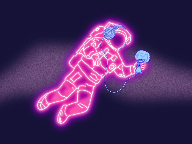Stilisierte Grafik einer Astronautin mit Kopfhörern und Mikrofon, die im All schwebt. Im Hintergrund ein bunter Planet.
