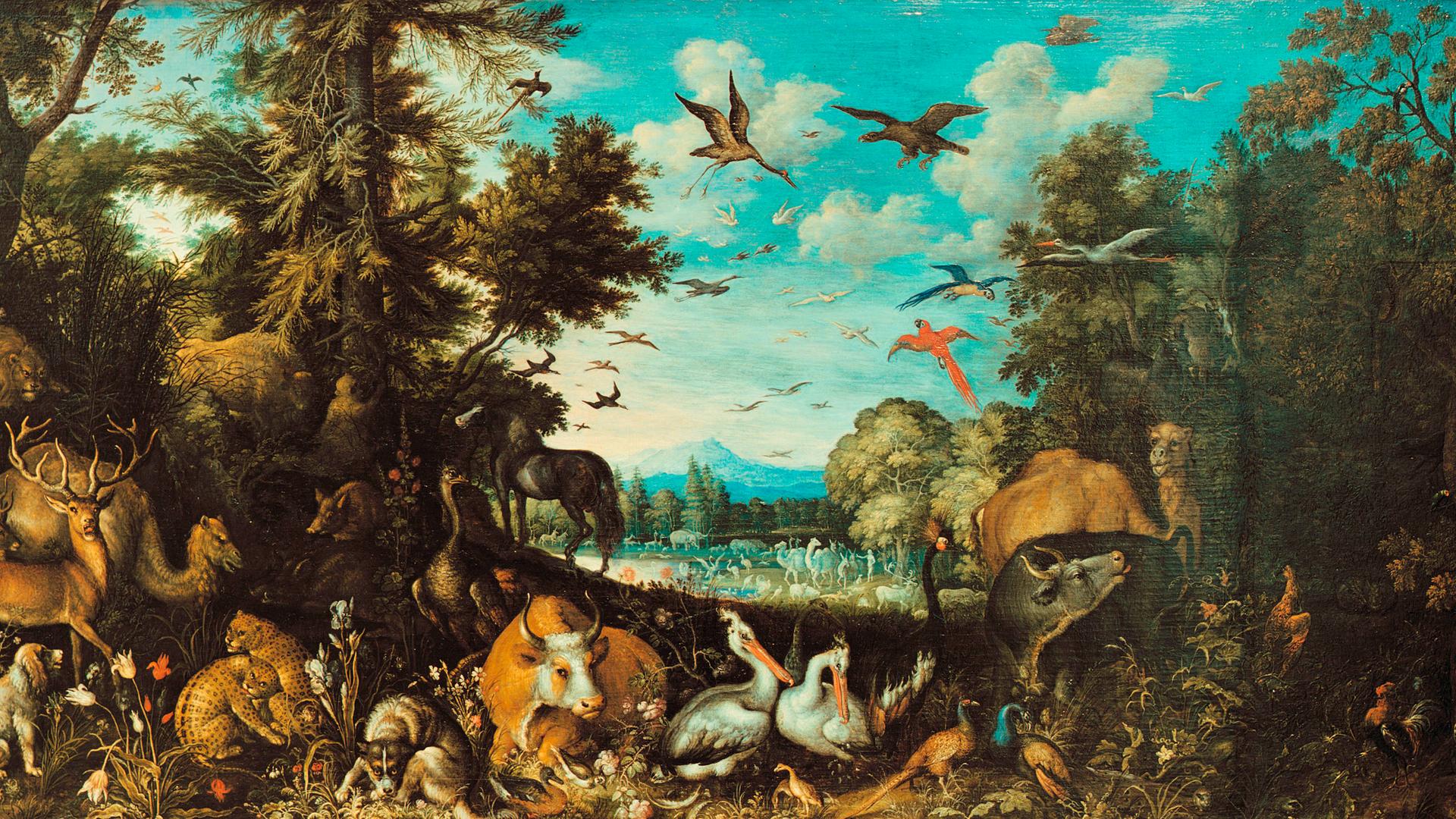 Friedlich ruhen Tiere nebeneinander im Schatten der Bäume in der Paradieslandschaft. Repro des Gemädes "Paradies" von Roelant Savery (1576-1639) von 1618, Öl auf Eichenholz, 55 x 107 cm. 