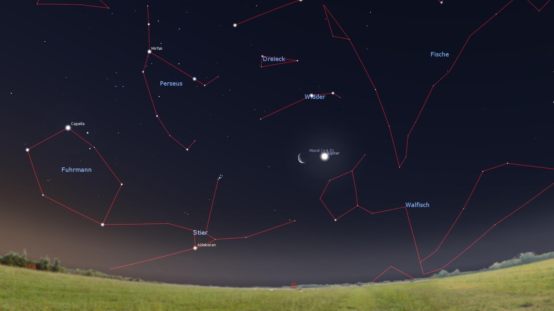 Der Anblick des Osthimmels morgen früh gegen 4 Uhr MESZ: Der abnehmende Mond steht neben dem Riesenplaneten Jupiter. Der Anblick des Osthimmels morgen früh gegen 4 Uhr MESZ: Der abnehmende Mond steht neben dem Riesenplaneten Jupiter.