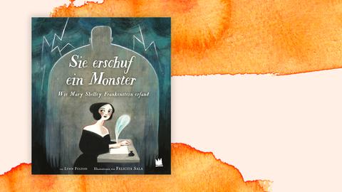 Das Cover zeigt eine naiv anmutende Zeichnung von Mary Shelley, die per Hand an einem Text schreibt. Im Hintergrund ist über ihr der schattenhafte Umriss von Frankensteins Monster zu sehen.