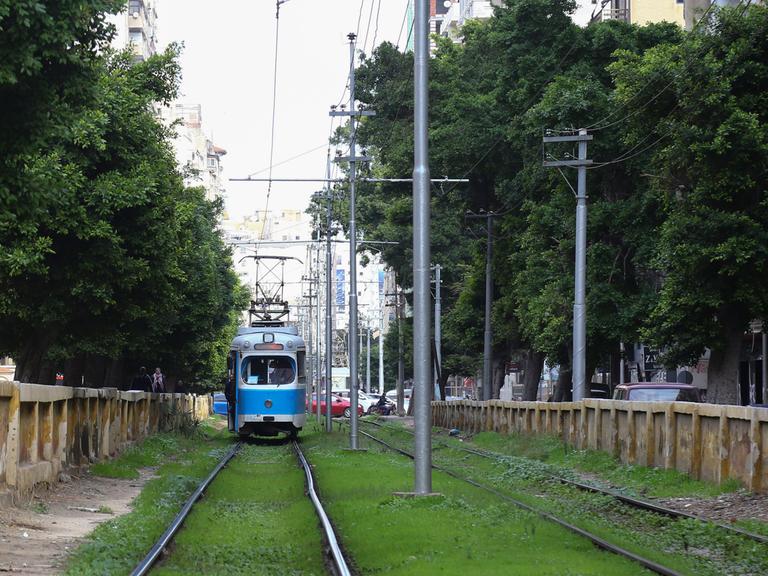 Eine Straßenbahn fährt auf den Gleisen der Ahmed Shawqi Straße. Das Straßenbahnnetz der Hafenstadt wurde 1863 in Betrieb genommen. Es ist das älteste in Afrika betriebene Eisenbahnsystem.