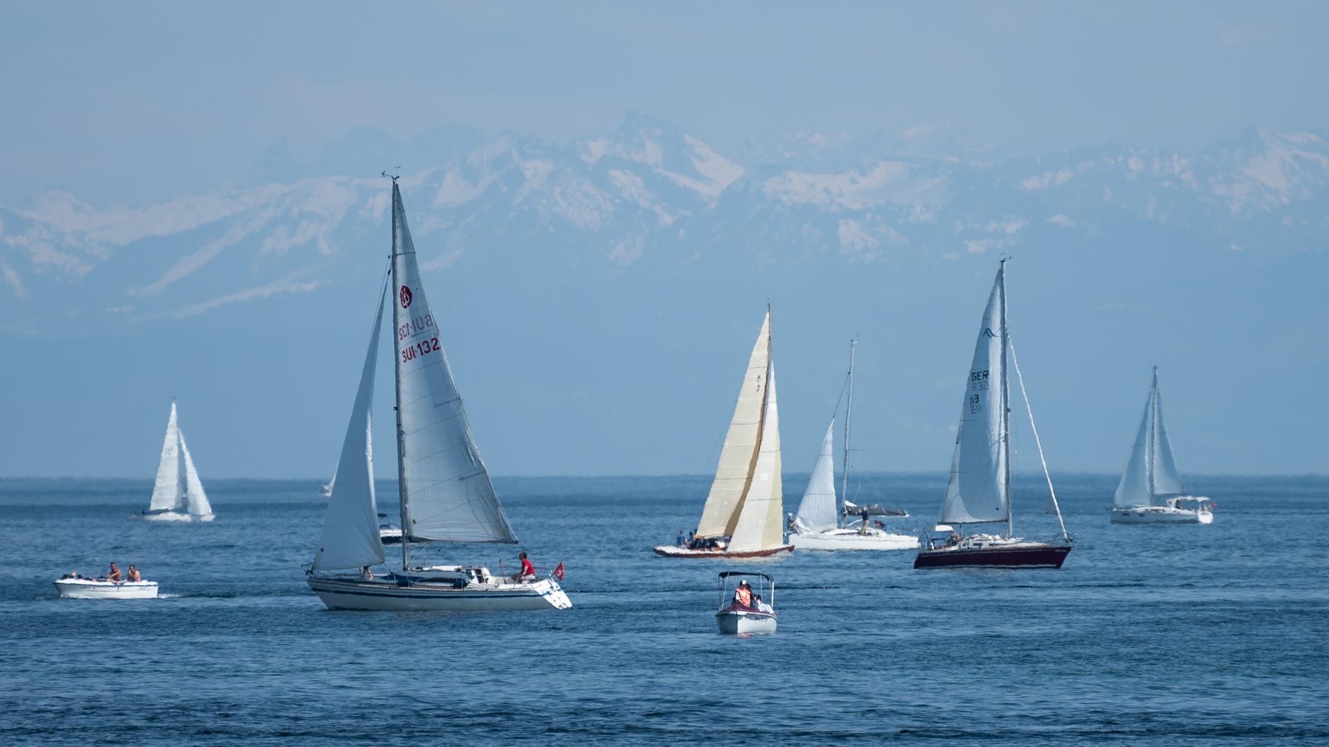 Boote fahren bei Sonnenschein auf dem Bodensee. Im Hintergrund die Alpen. 