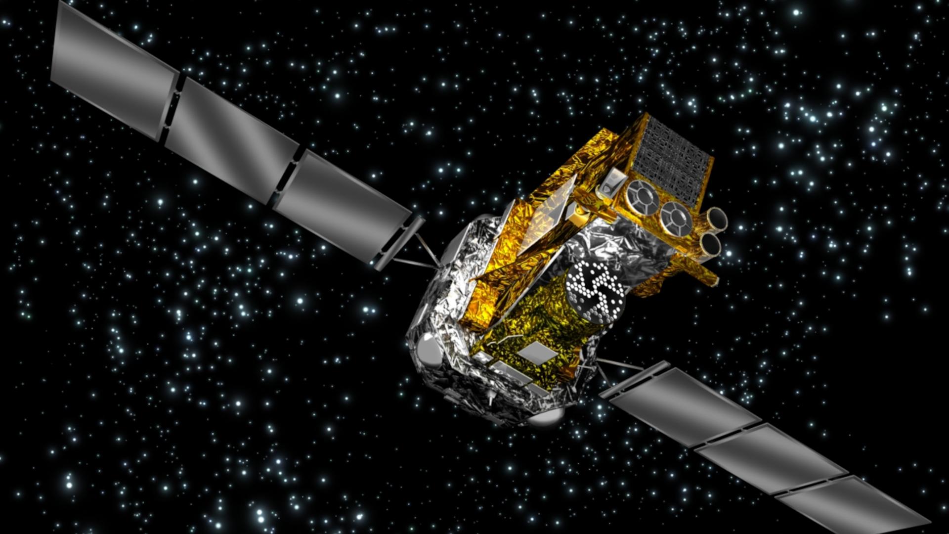 Eine Illustration zeigt ein Weltraumteleskop das durch den Komsos fliegt Eine Illustration zeigt ein Weltraumteleskop das durch den Komsos fliegt