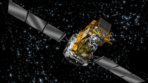 Eine Illustration zeigt ein Weltraumteleskop das durch den Komsos fliegt
