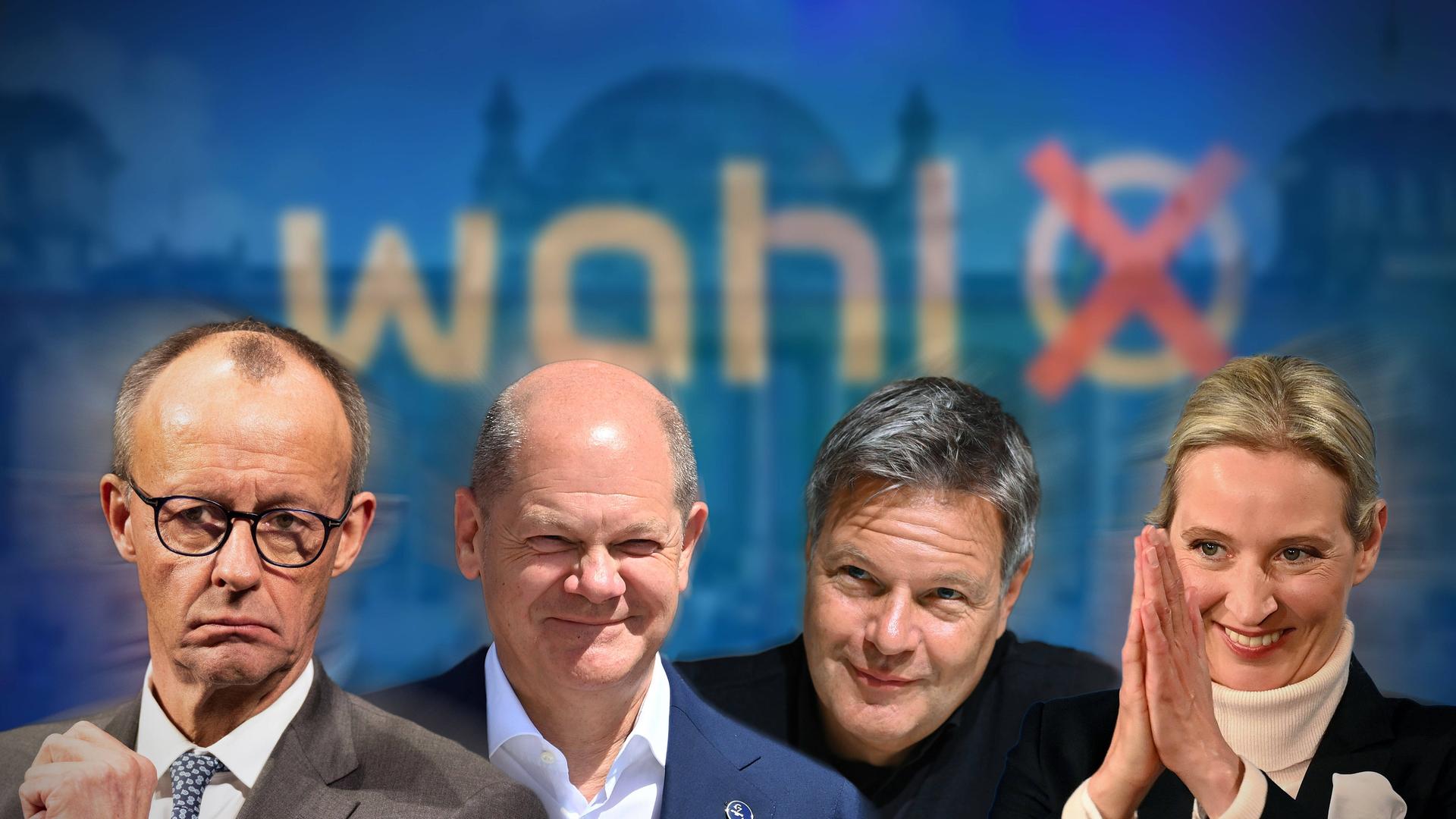 Fotocollage: Scholz, Merz, Habeck und Weidel (von links nach rechts)