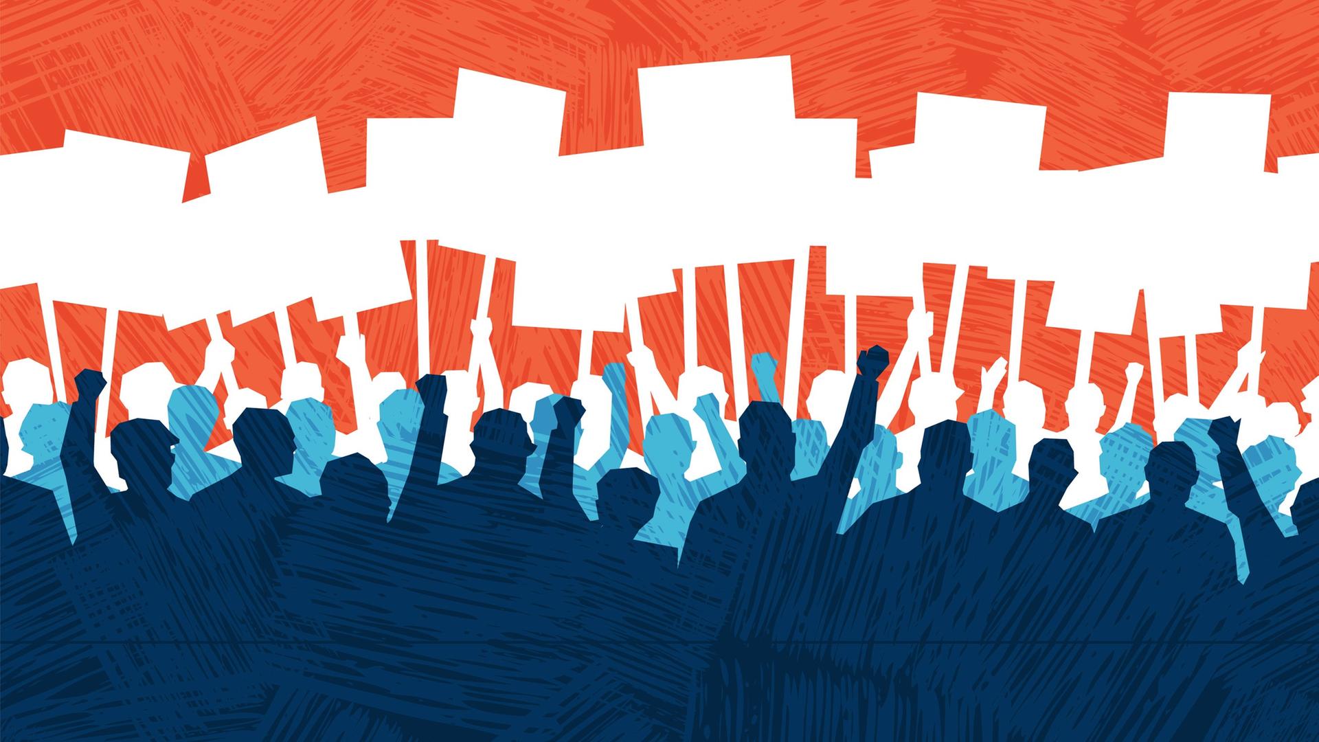 Illustration: Eine blau gefärbte Menschenmenge mit Schildern und Plakaten demonstriert vor rotem Hintergrund.  